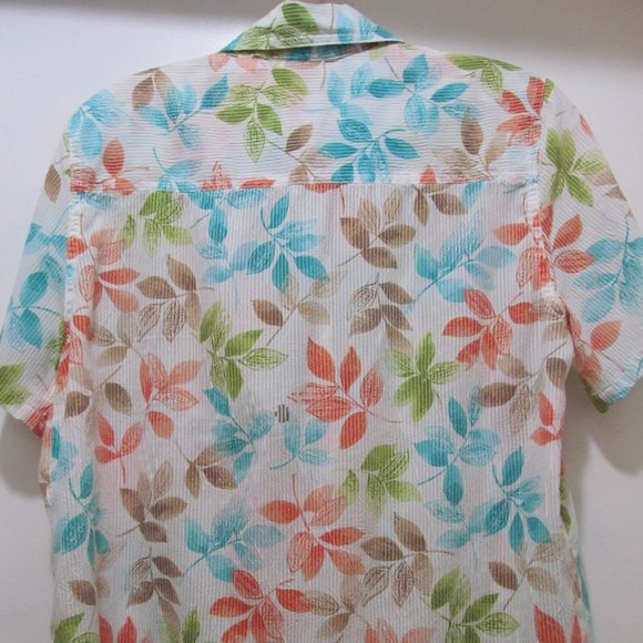 Alfred Dunner Top Shirt Blouse Short Sleeve Button Down Blue Green Orange Leaves - Picture 6 of 14